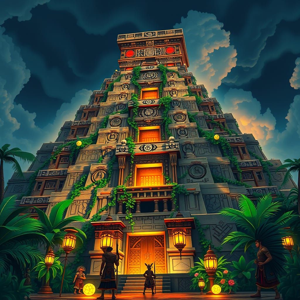 Surreal Aztec Pyramid in Vibrant Mesoamerican Style