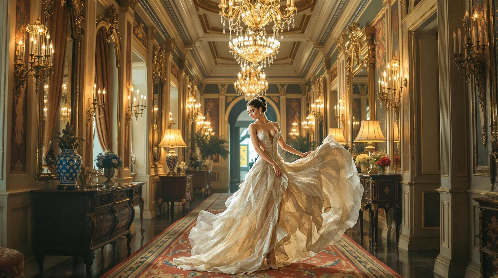 Dancer in Elegant Mansion Hallway