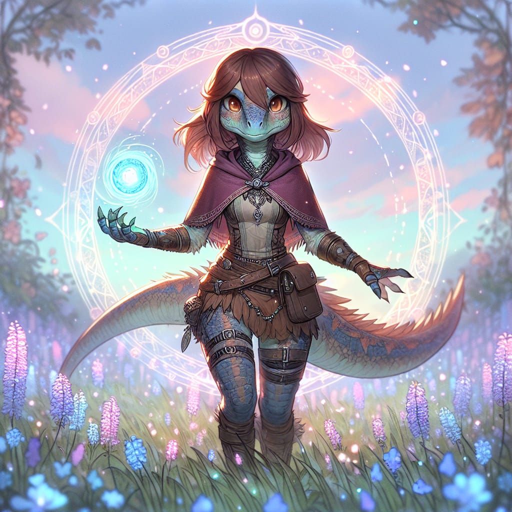 Fantasy Anime Chibi Velociraptor Maiden in Dreamlike Meadow