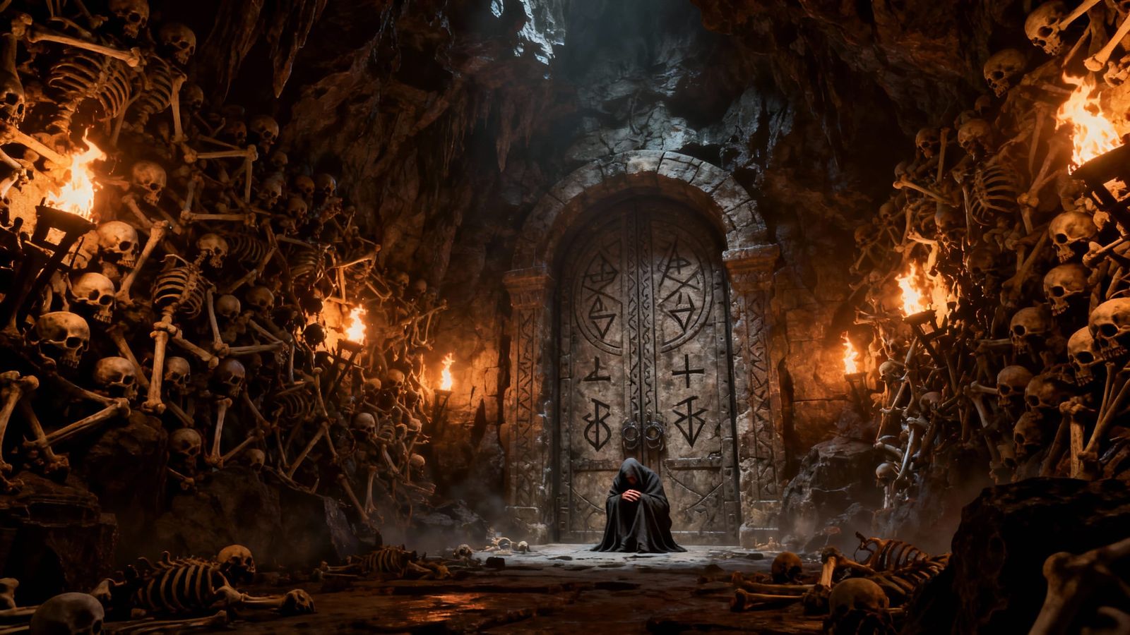 Epic Diablo IV Style Cavern with Cloaked Figure in Fear