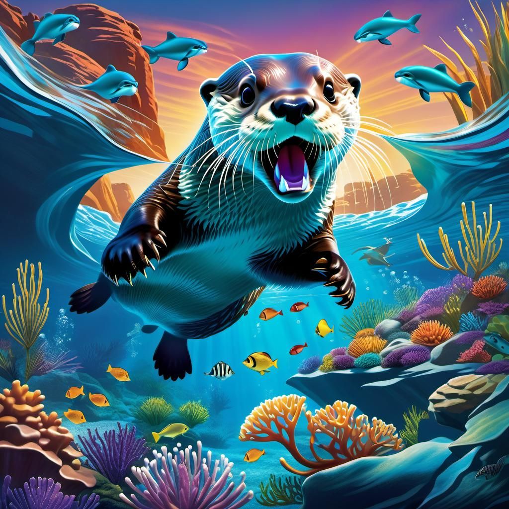 Playful Otter in Mystical Underwater Waterscape