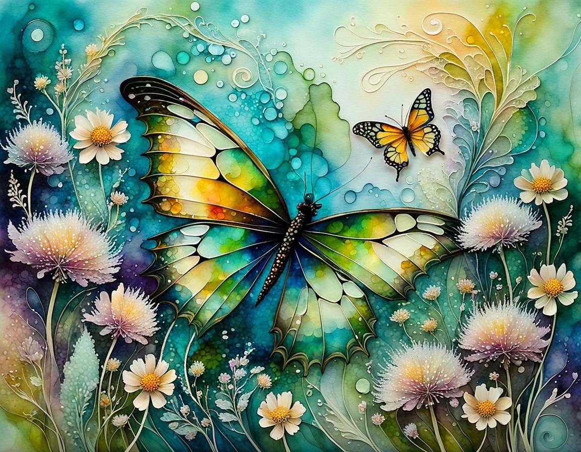 Butterfly Dragon in Wildflower Meadow, Alcohol Ink