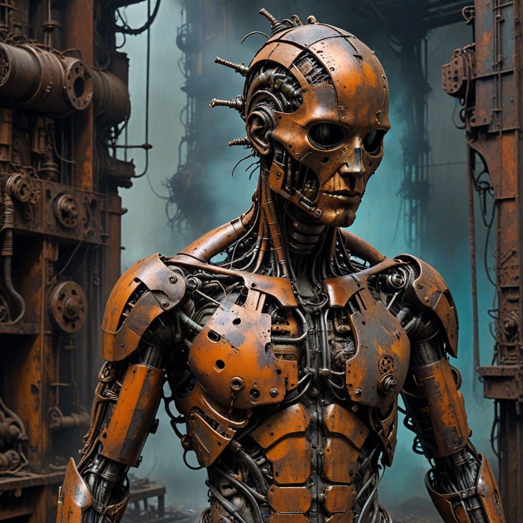 Industrial Fusion: Figure Integrated with Rusted Machinery