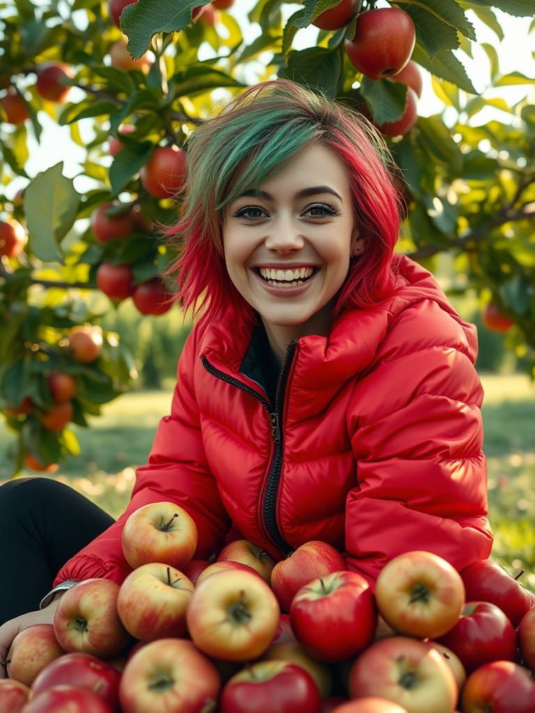 Vibrant Woman Surrounded by Apples in a Cinematic Film Still