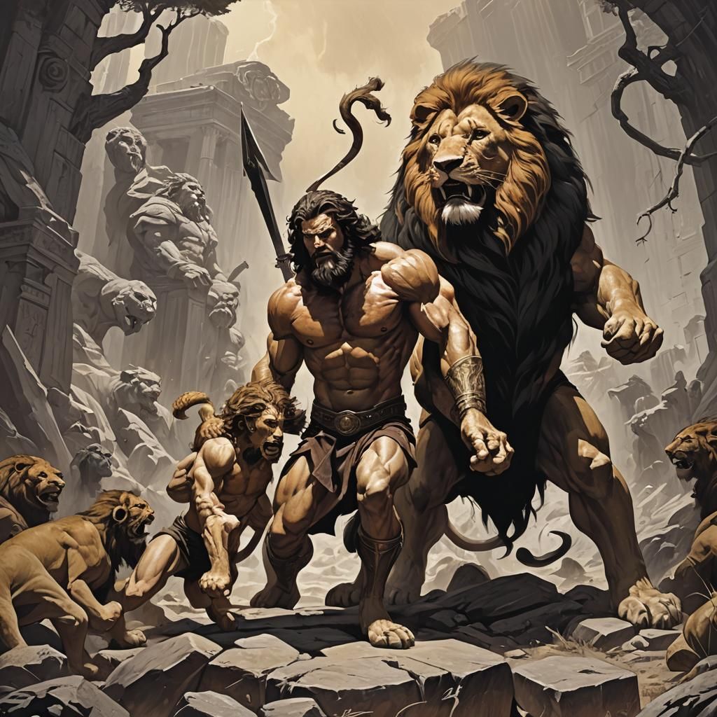 Hercules Confronts the Lion in Dark Fantasy Style