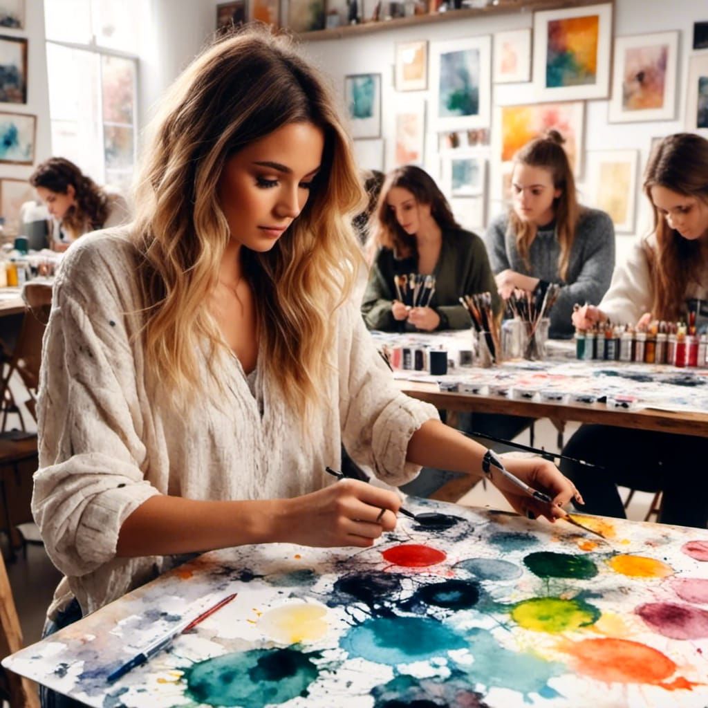 Colorful Watercolor Painting in Art Studio