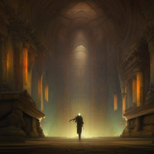 Chinese Tomb Corridor with Warrior Statues, Dark Fantasy Art