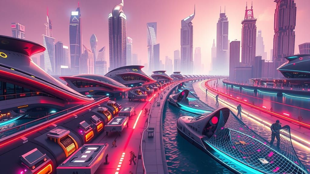 Robotic Fishers in Neon Canals of Futuristic City