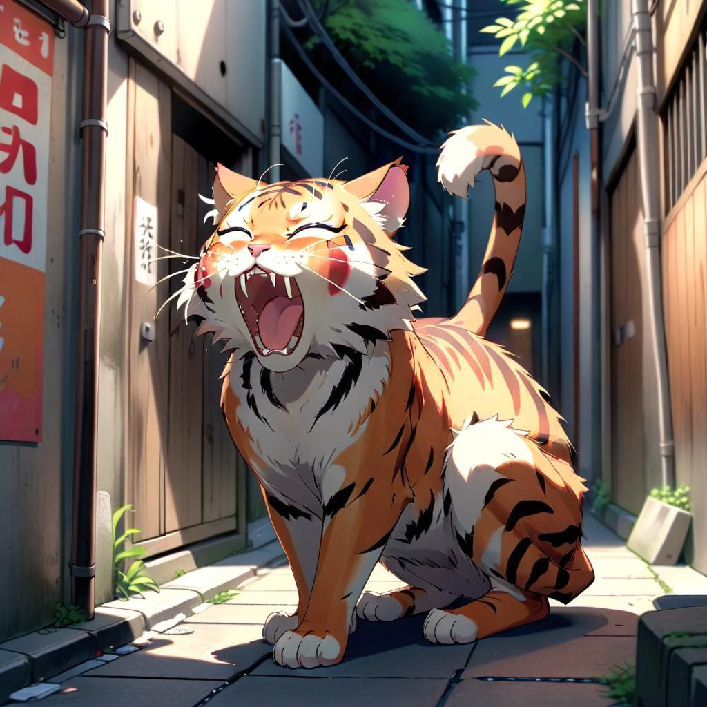 Beautiful cute anime Japanese tiger cat stretching yawning i...