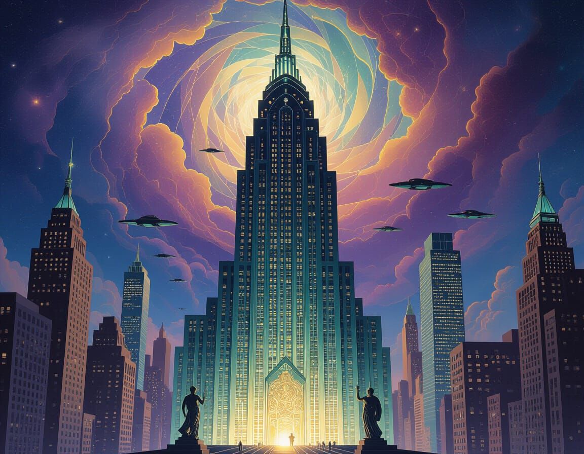 Art Deco Skyline With Flying Vehicles
