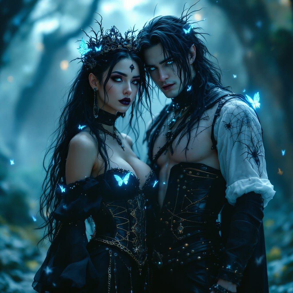Ethereal Goth Couple in Dramatic Attire, Radiating Mystique
