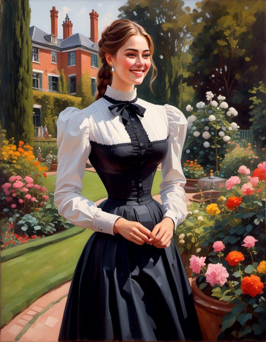 Elegant Woman in Garden, Oil Painting Style