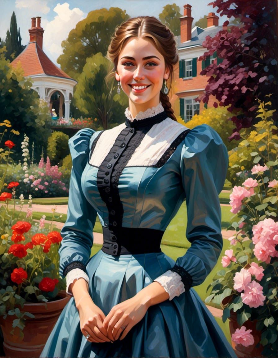 Elegant Woman in Flowered Dress, Oil Painting