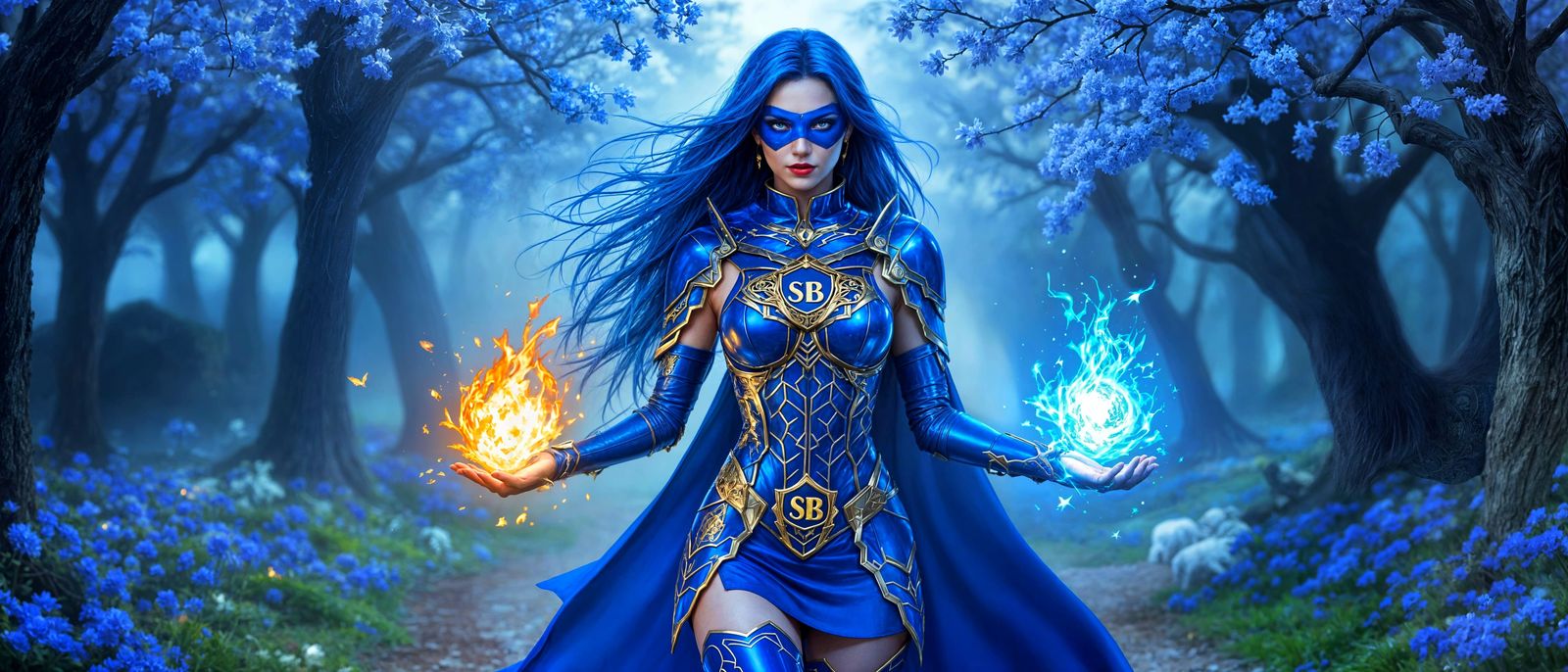 Mystical Superheroine in Royal Blue Armor Embarks on Quest