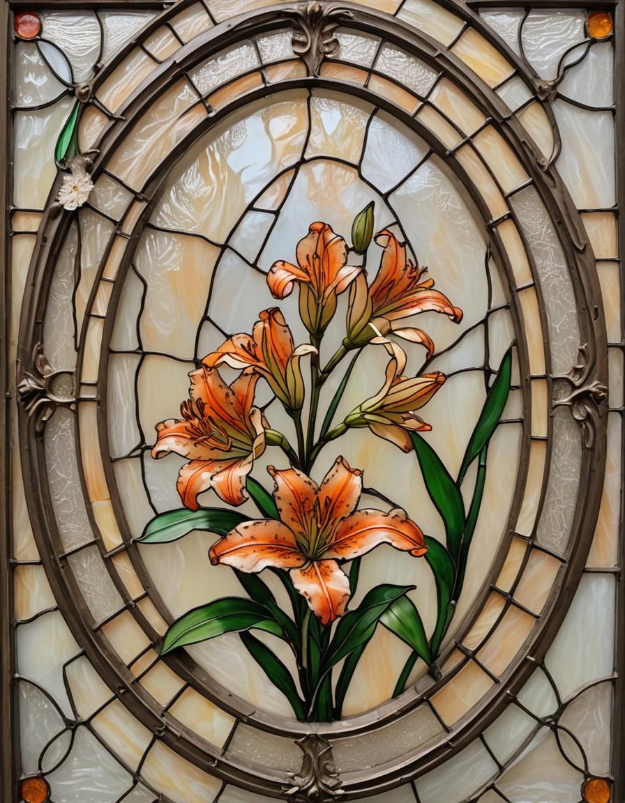 Traditional-Stained glass art, medium shot. Small, vibrant orange-Peruvian Lily flower in an intricate ovel frame. Lead ...