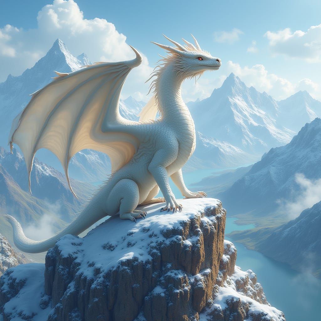 Majestic White Dragon in Epic Mountain Landscape