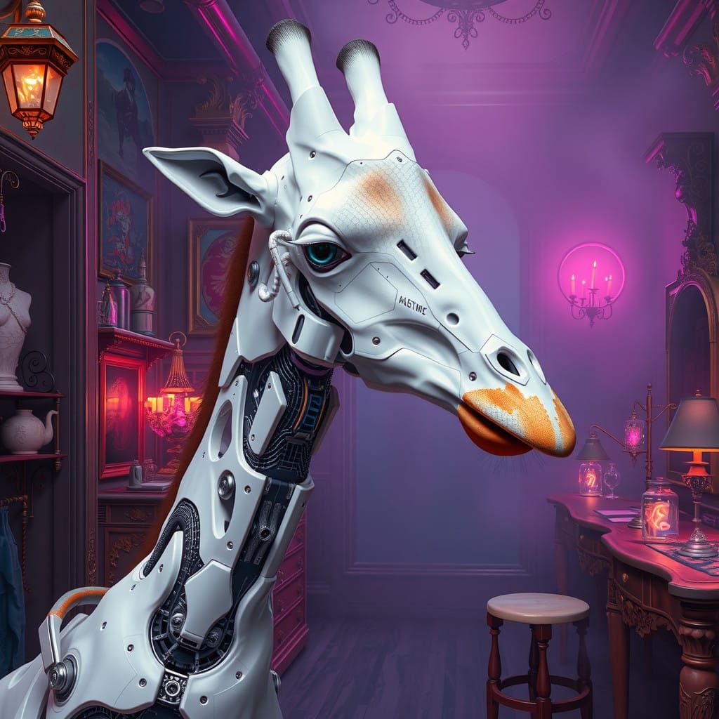 Cybernetic Giraffe Portrait in Dark Fantasy Oil Painting Sty...