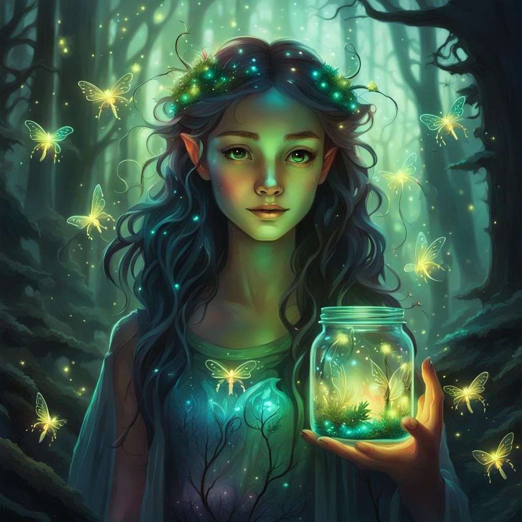 Neon Fairy with Fireflies in Gloomy Forest