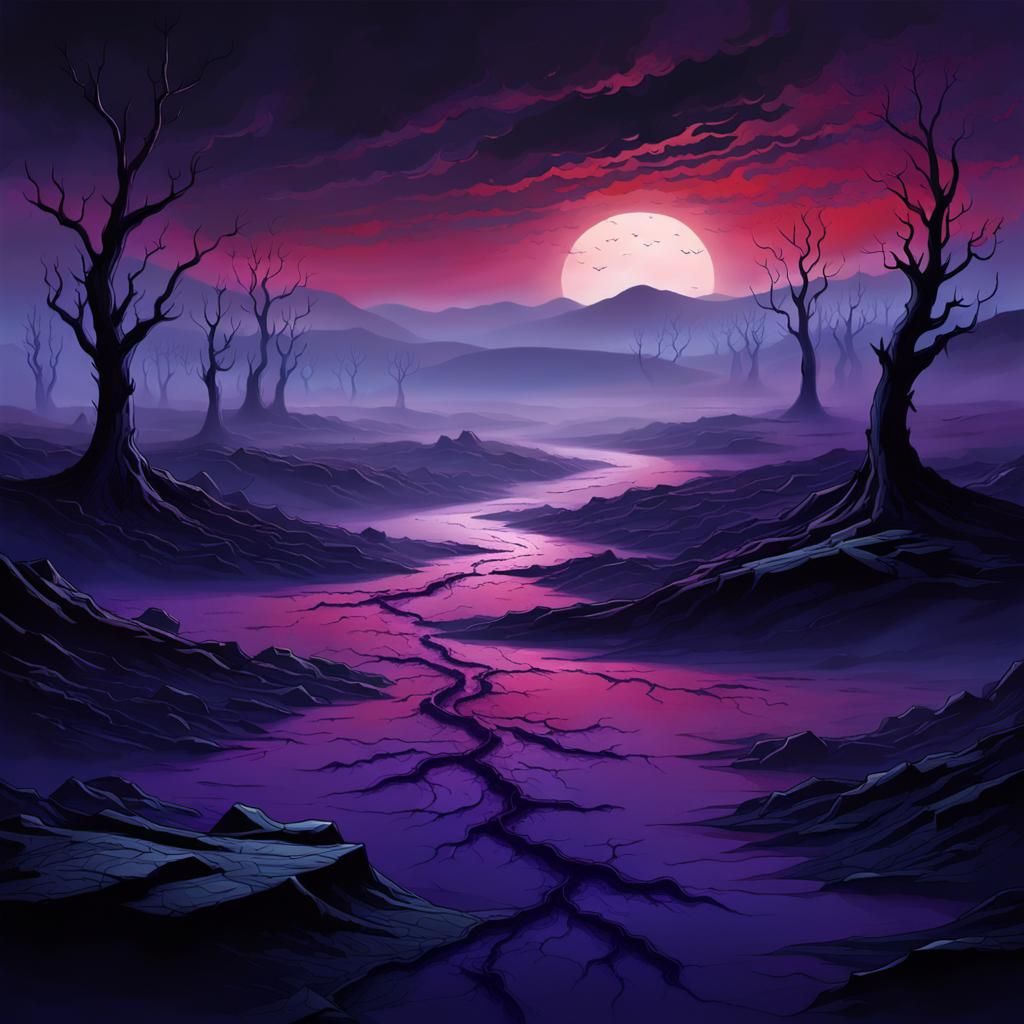 Ethereal Indigo Landscape with Crimson Horizon