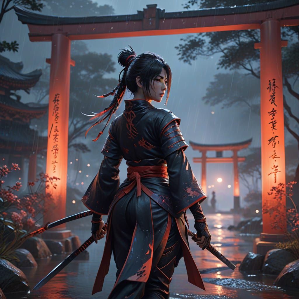 Kunoichi in Rain Beneath Crimson Torii Gate, Anime Splash Ar...