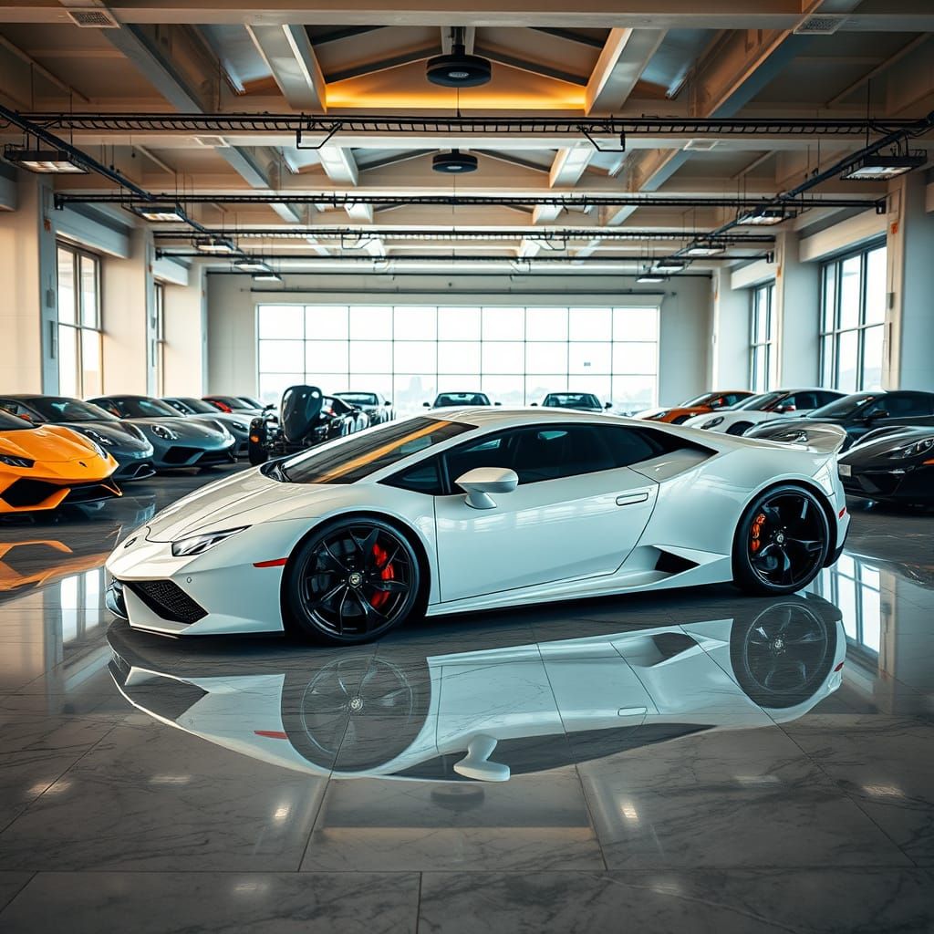 White Lamborghini Huracan in Luxury Garage