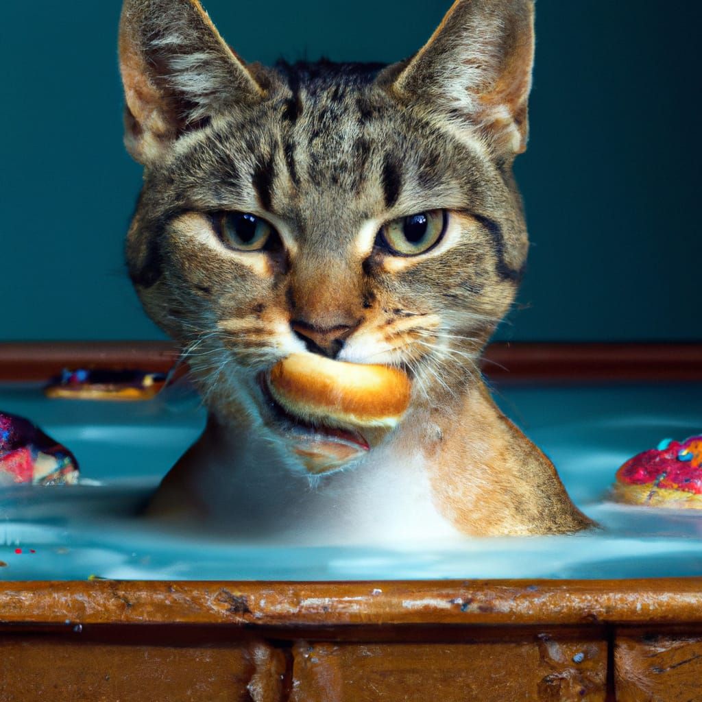 Cats Enjoying Donuts in Hot Tub Portrait