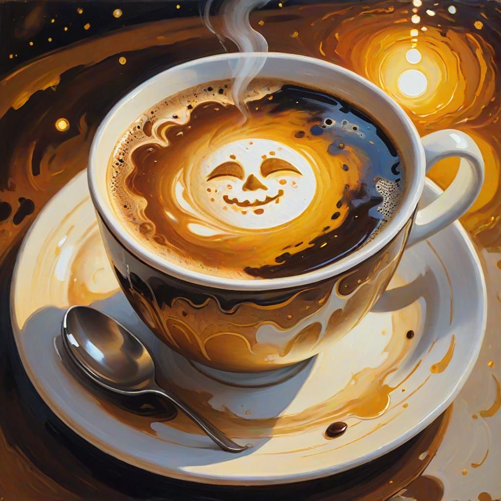 Coffee Cup Reflecting Moon, Impressionist Oil Painting