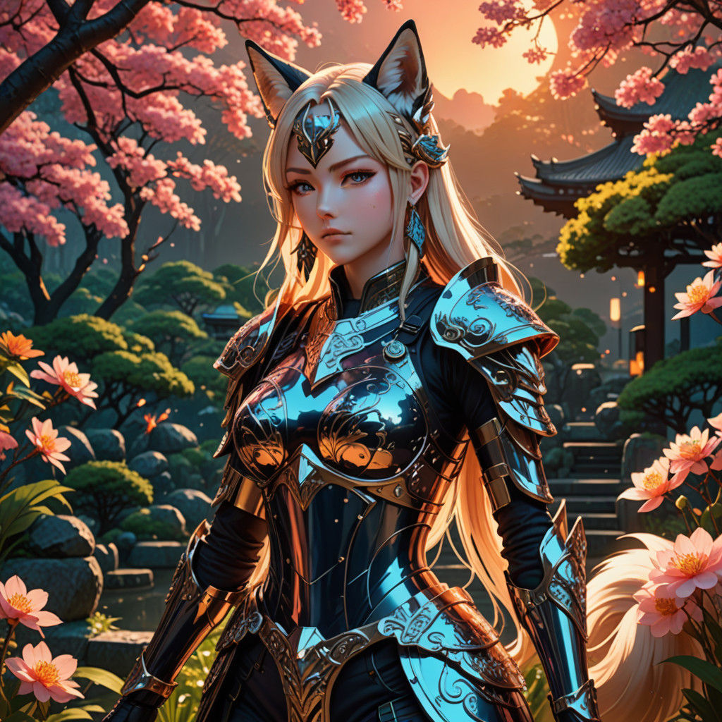 Elegant Anime Warrior with Fox Ears and Intricately Engraved...