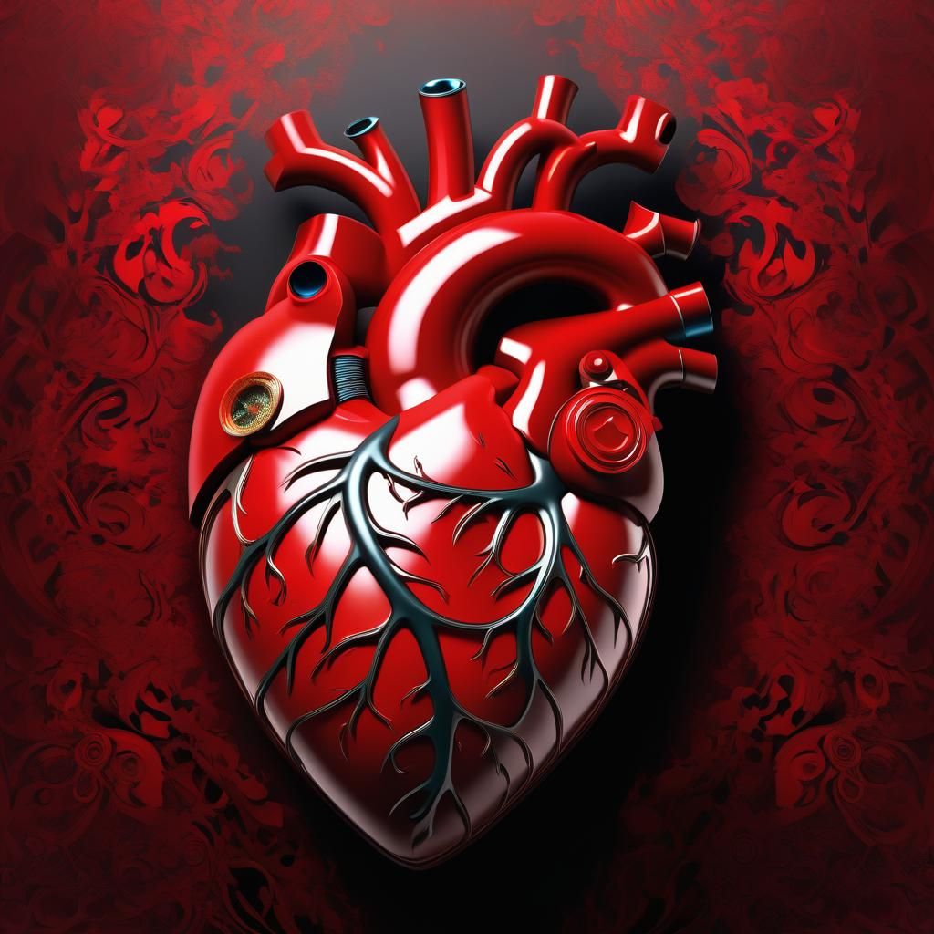 Surreal Red Human Heart Fractal Ink Drawing