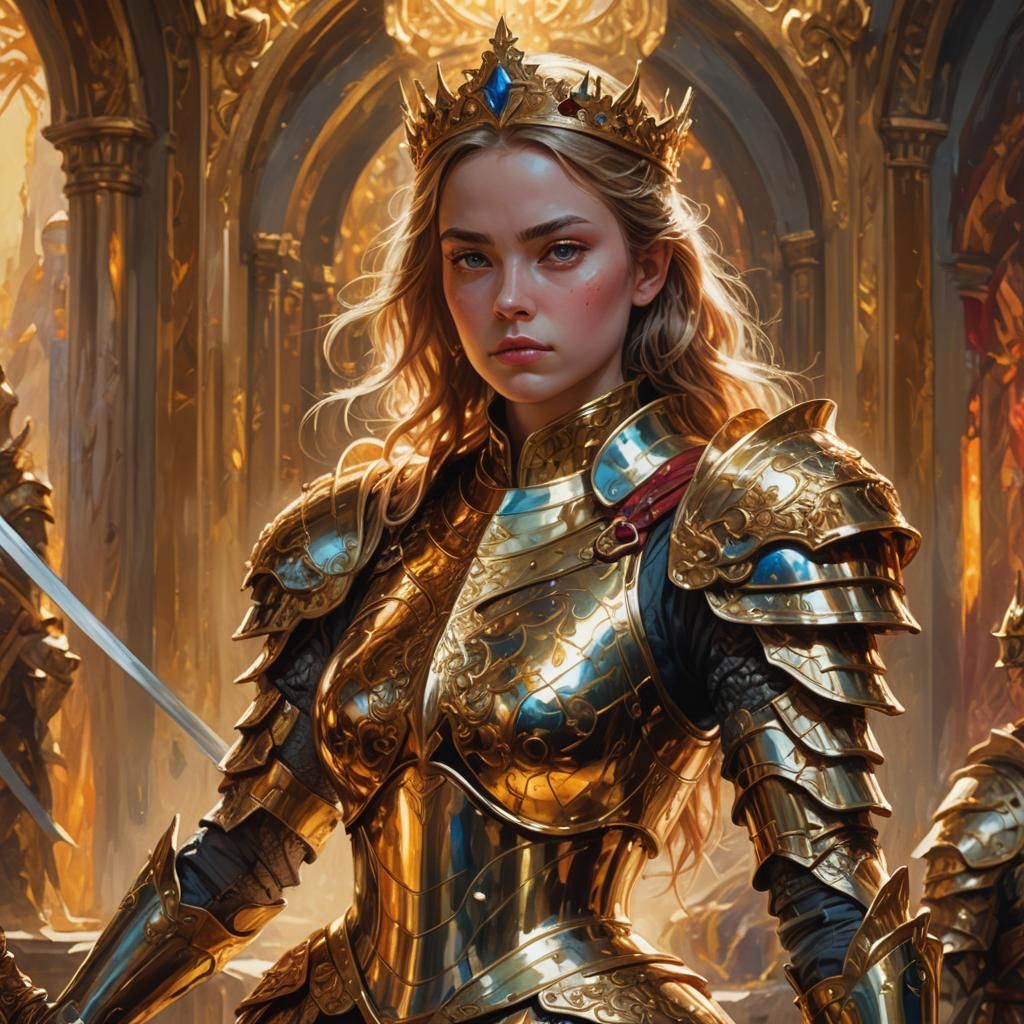 Armored Princess Ready for Battle: Vibrant Oil Painting