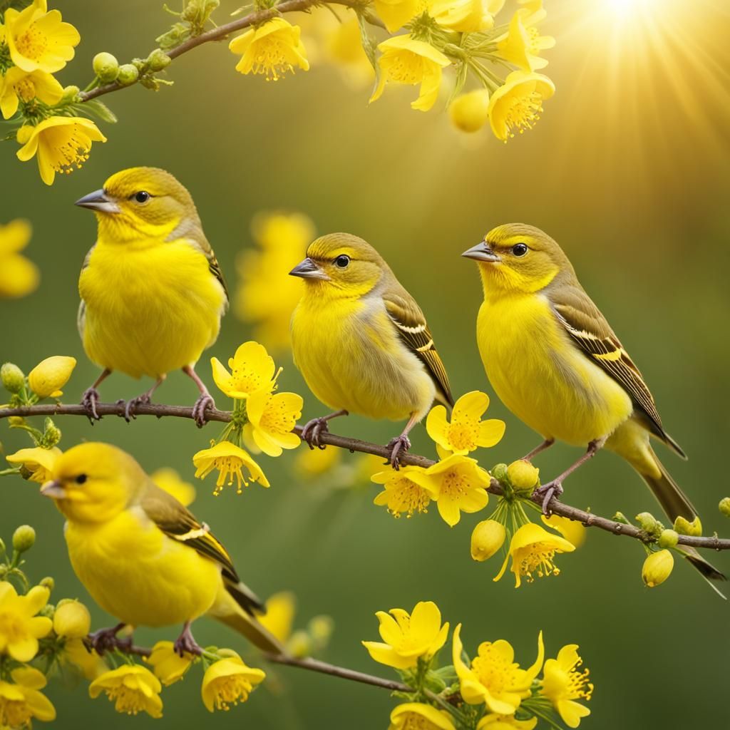 Vibrant Yellow Finches on Golden Sunset