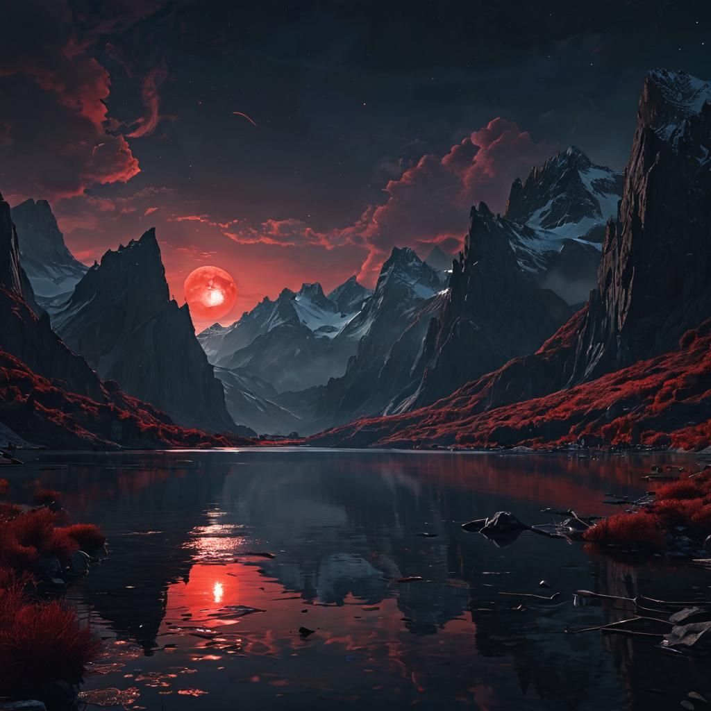 Dark Fantasy Lake Under Blood Red Moon