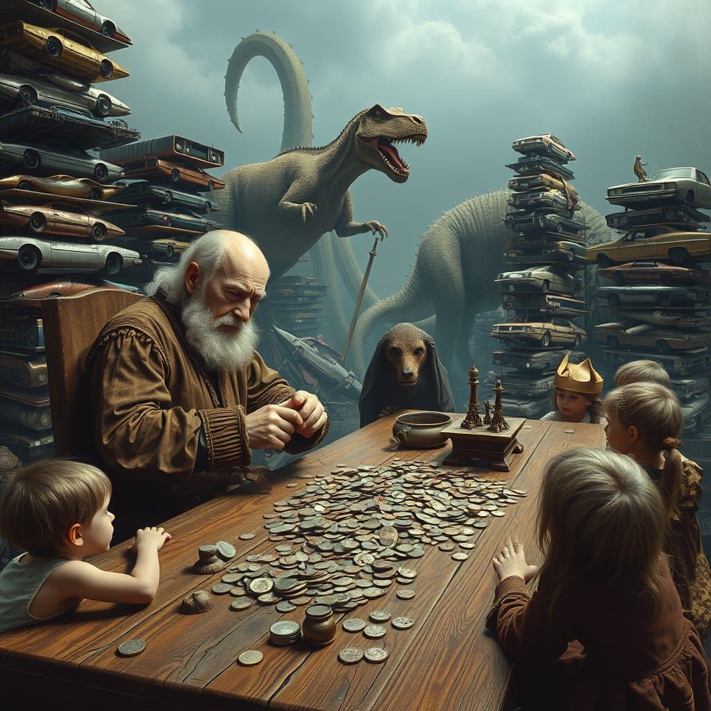 Surreal Old Man Stapling Coins, Renaissance Style