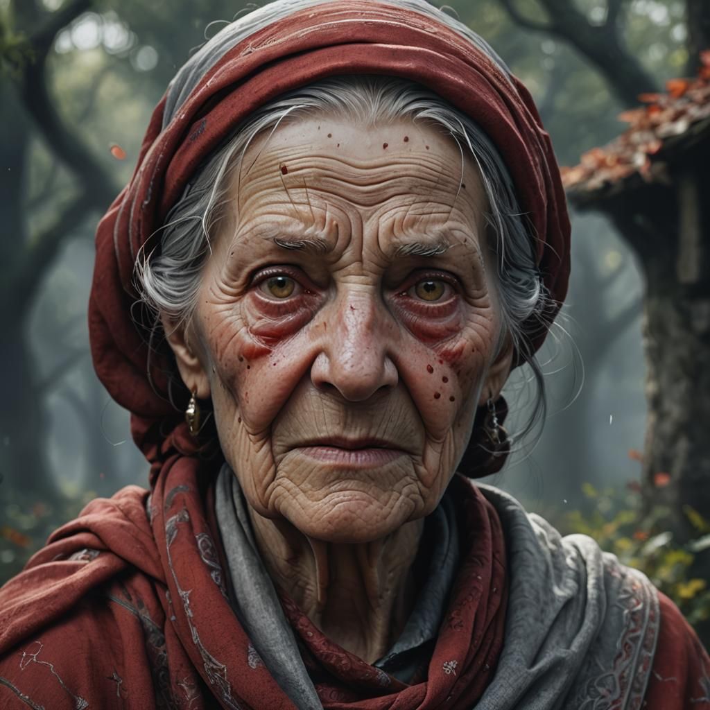 Hyperrealistic Portrait of an Elderly Witch in Red Headscarf