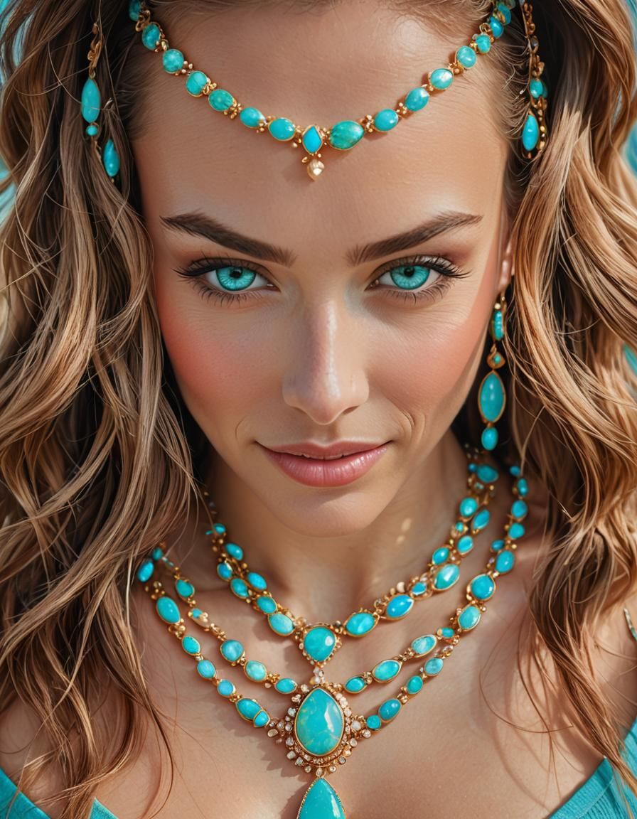 Happy Woman with Turquoise Eyes, Hyperrealistic Portrait