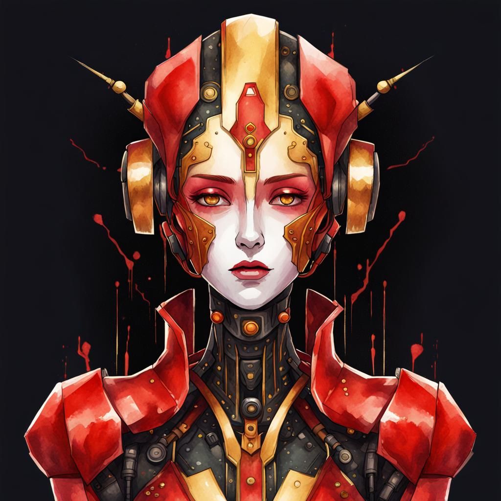Robot Vermillion Queen in Watercolor Style