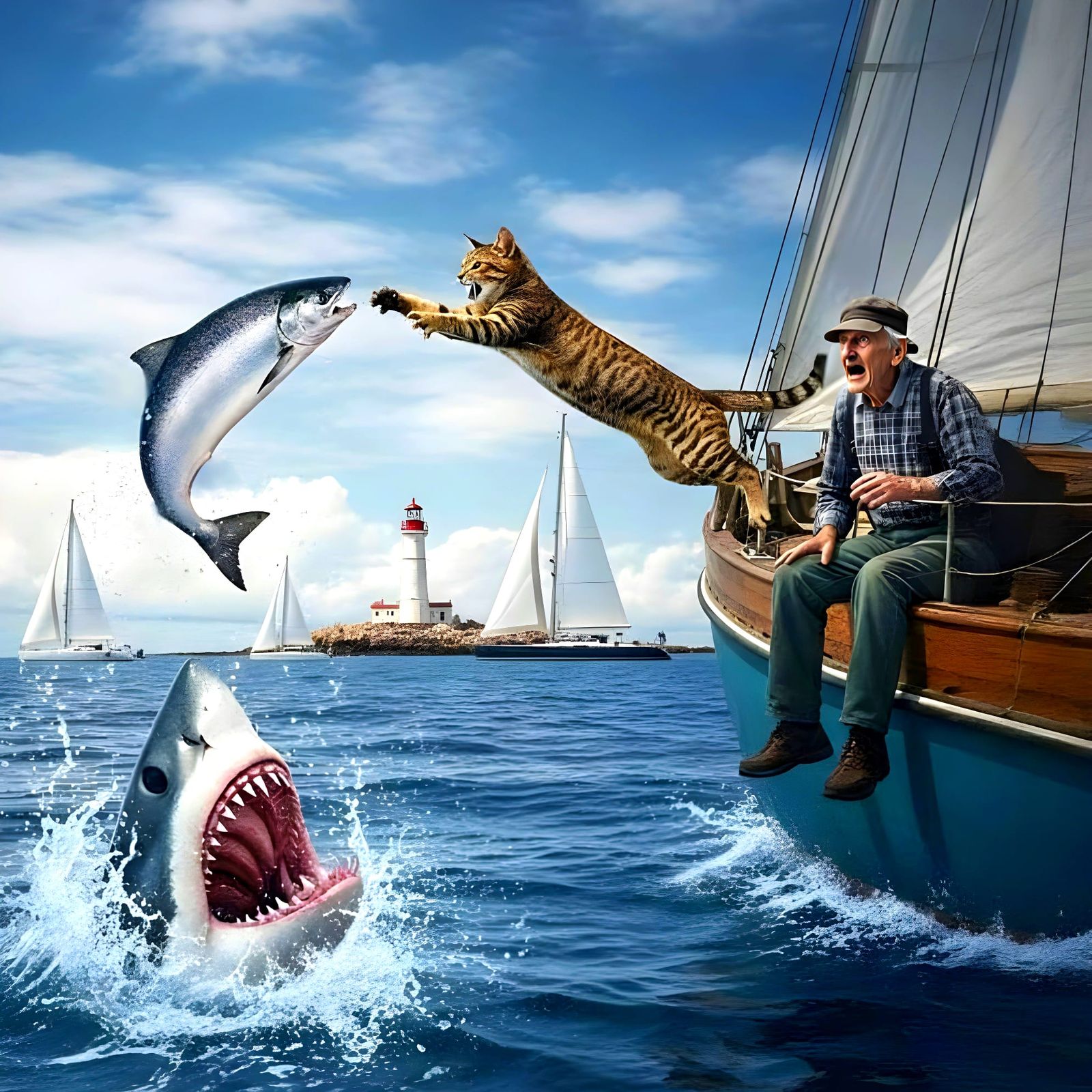 White Blur Streak Cat Chasing Fish from Sailboat