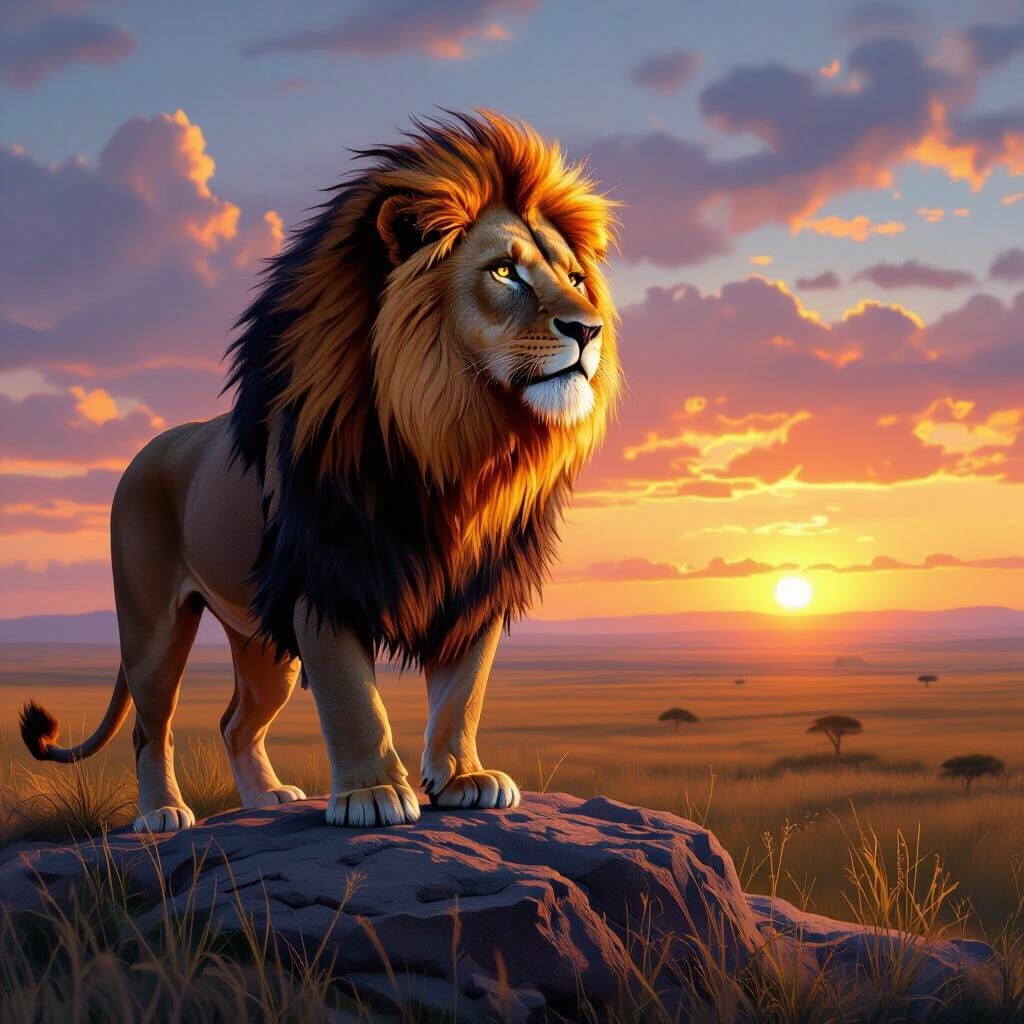 Majestic Lion with Fiery Mane at Sunset