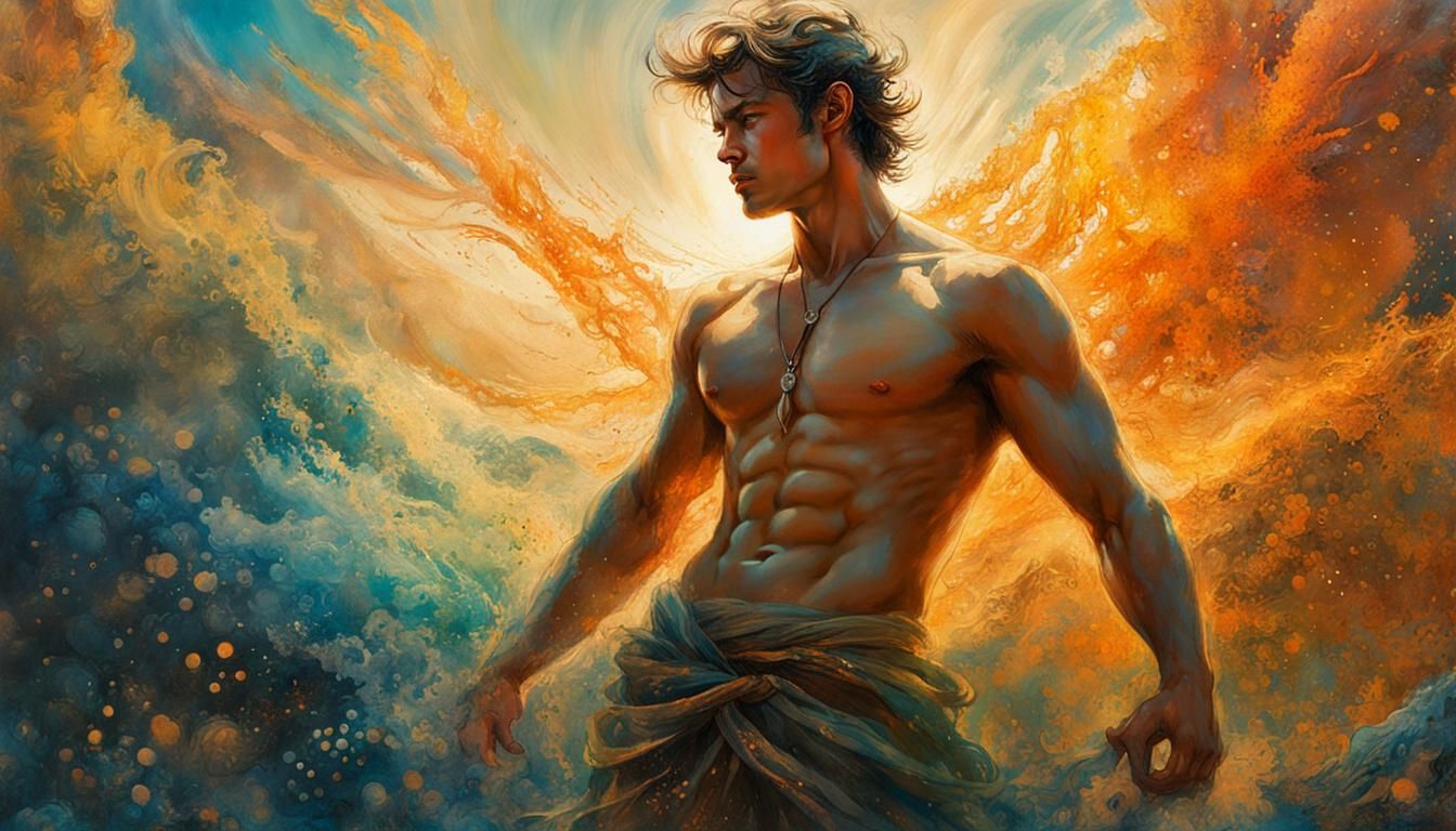 Godlike Man at Sunrise in Digital Pointillism