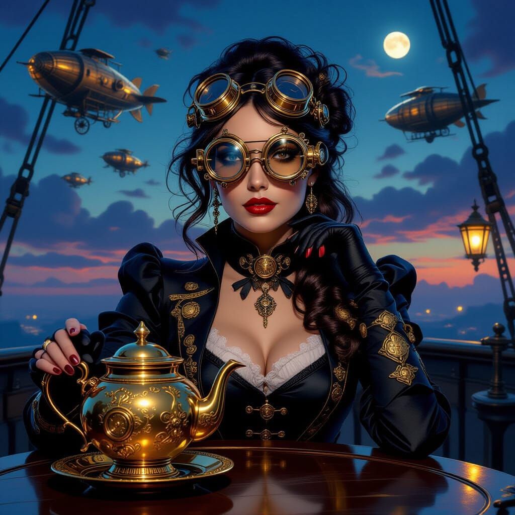 Steampunk Woman on Dirigible Deck at Twilight