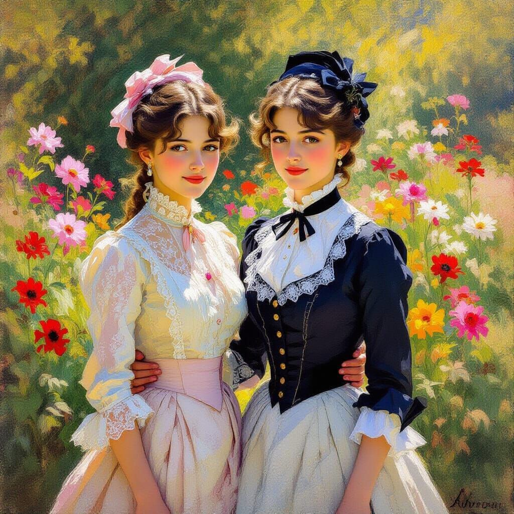 Sisters in a Sunny Garden, Impressionist Style