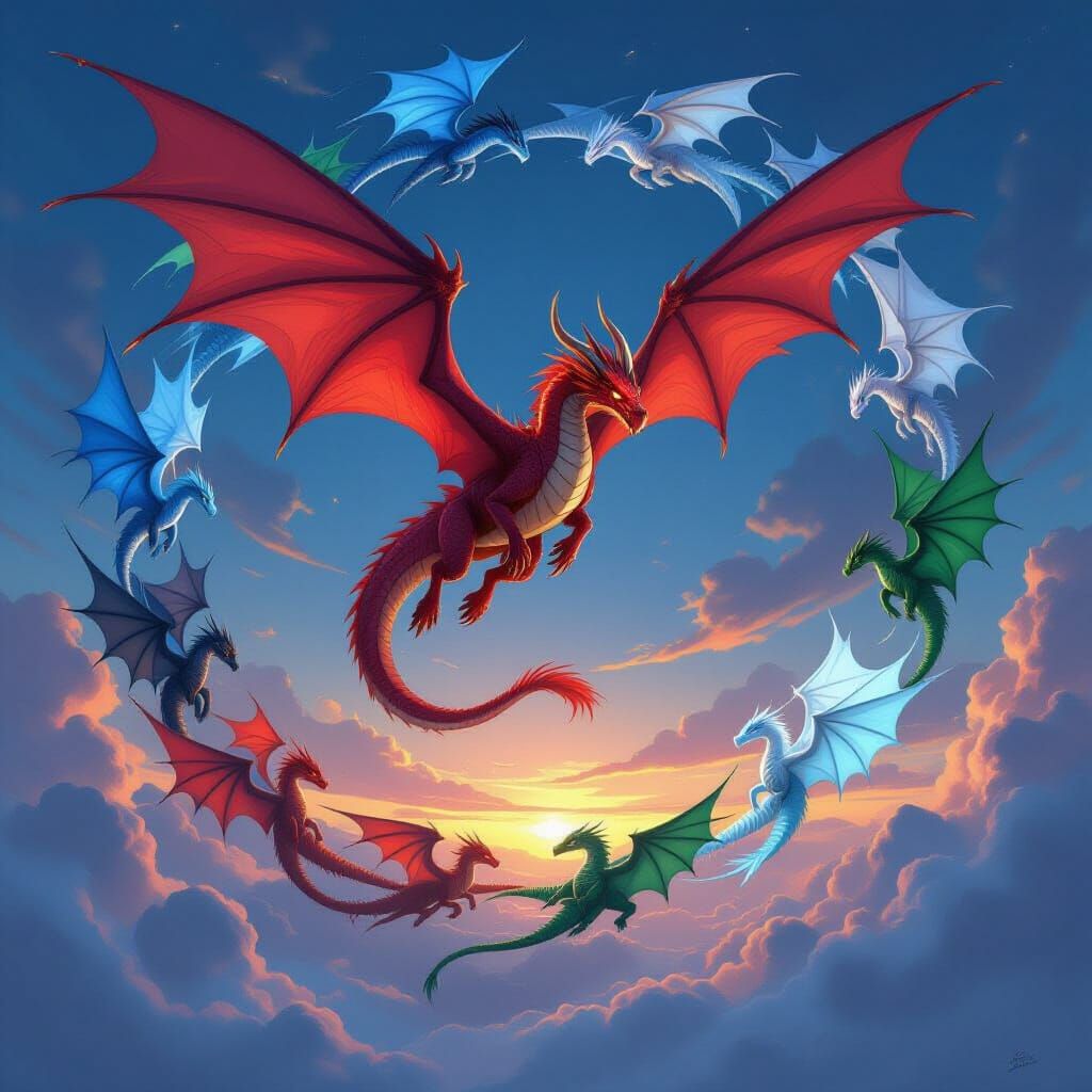 Red Dragon Leads Colorful Dragon Formation in Twilight Sky