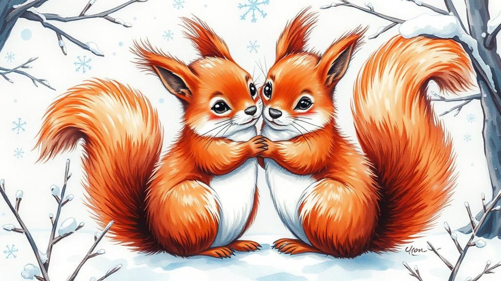 Squirrels Embrace in Snowy Whimsical Watercolor Landscape