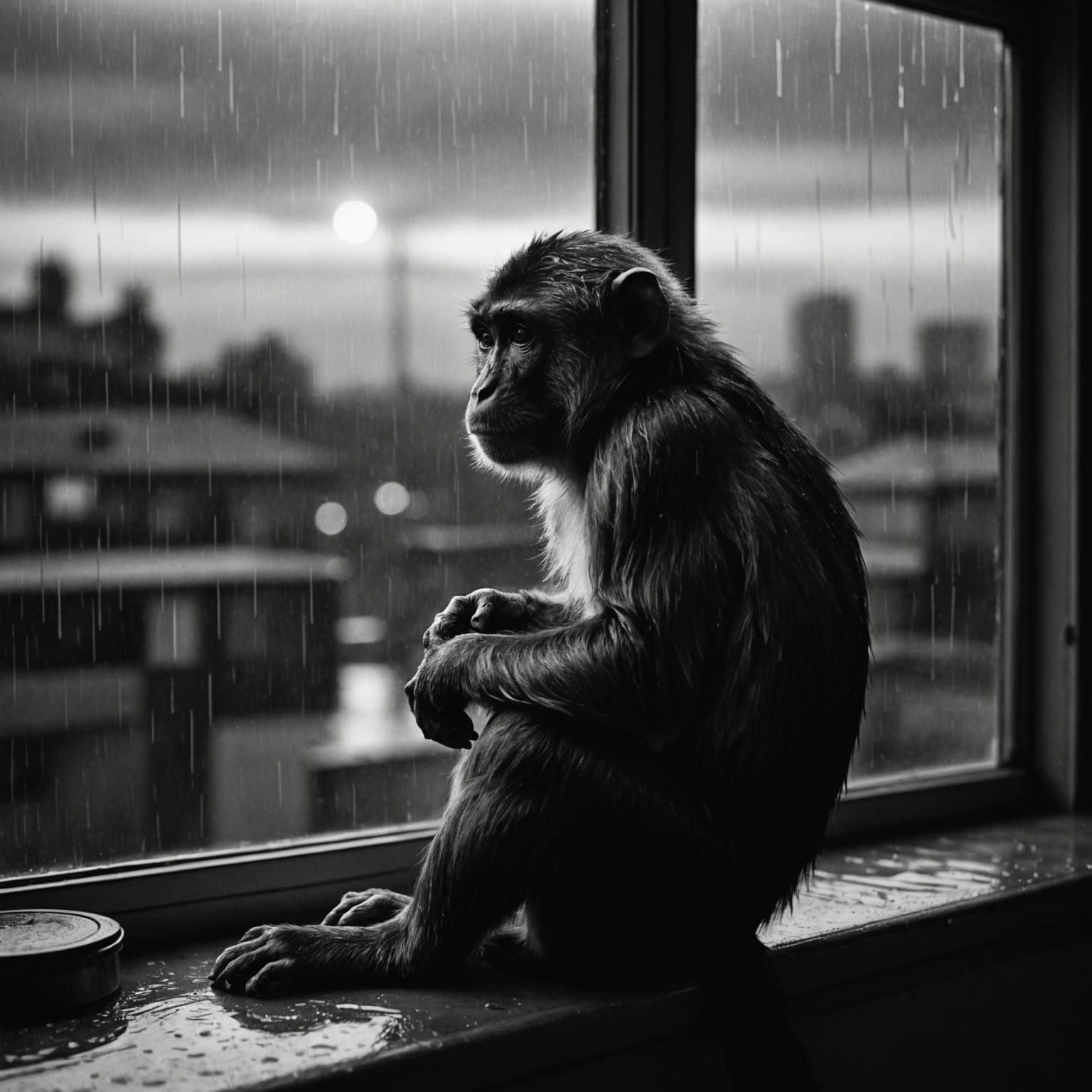 Lonely Monkey Gazing at Rainy Sunset: Monochromatic Art