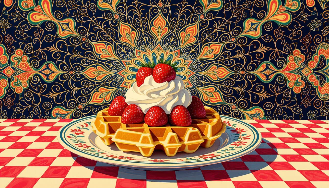 Psychedelic Waffle Art Poster with Strawberries and Cream