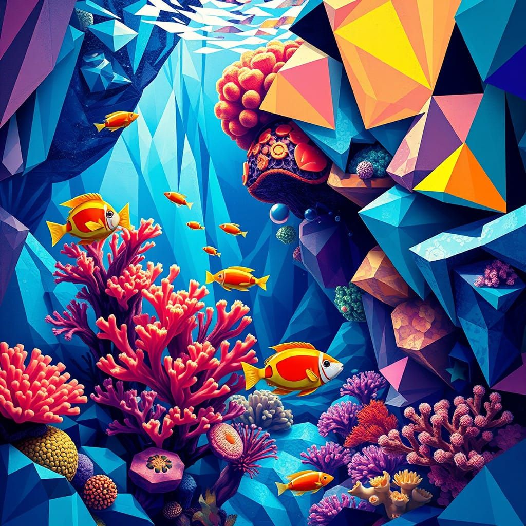 Underwater Cubist Scene with Vibrant Coral and Fish