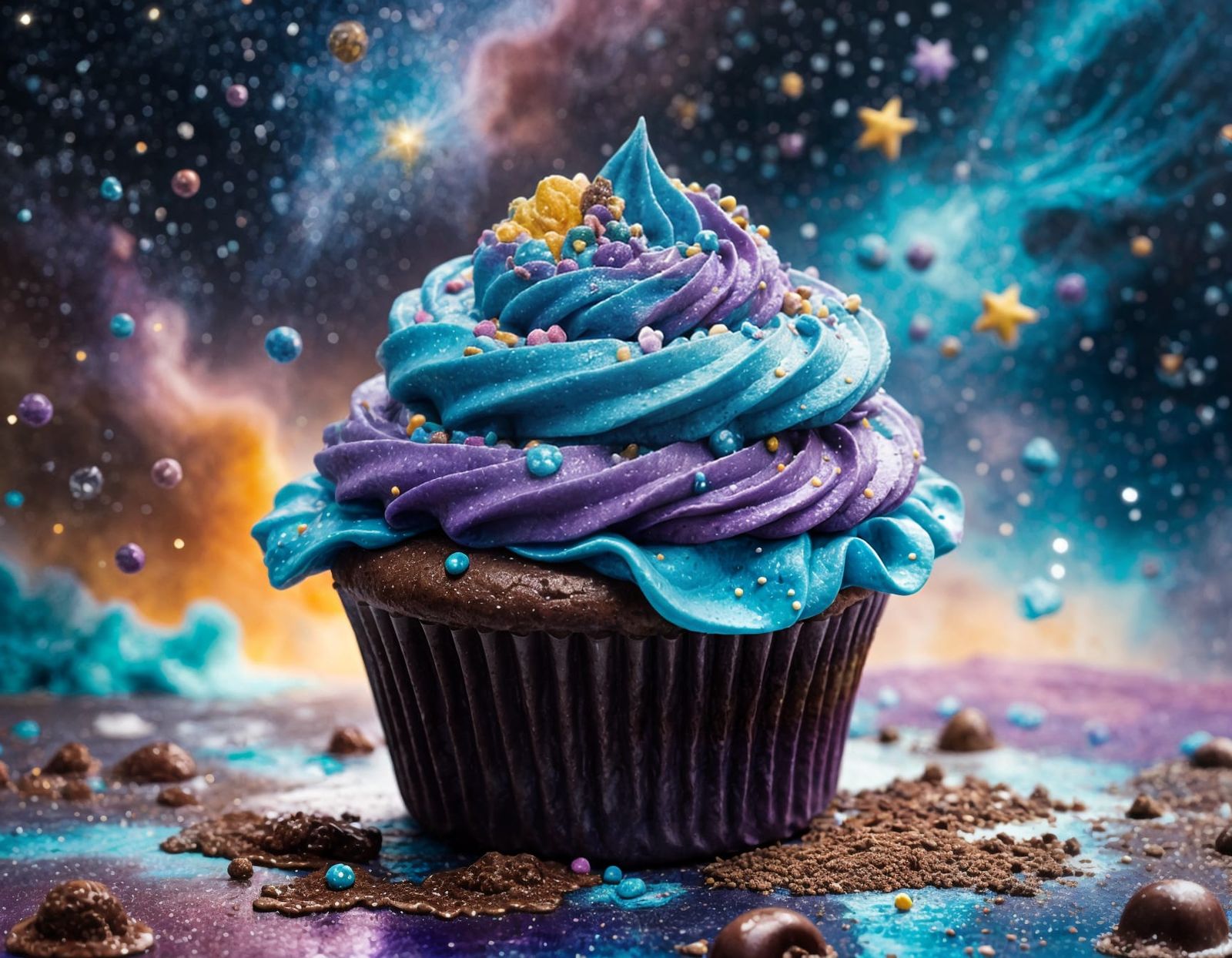 Cupcake Topped with Galaxy Nebulae and Star Sprinkles