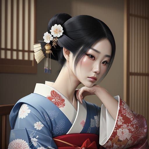 Emotional Geisha Portrait in Realistic Anime Style