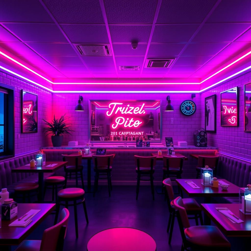 Synthwave Restaurant Interior with Neon Lighting