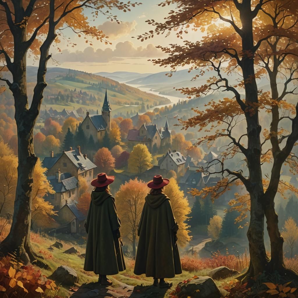 Woman in Autumn Forest, in Chagall and Waterhouse Style